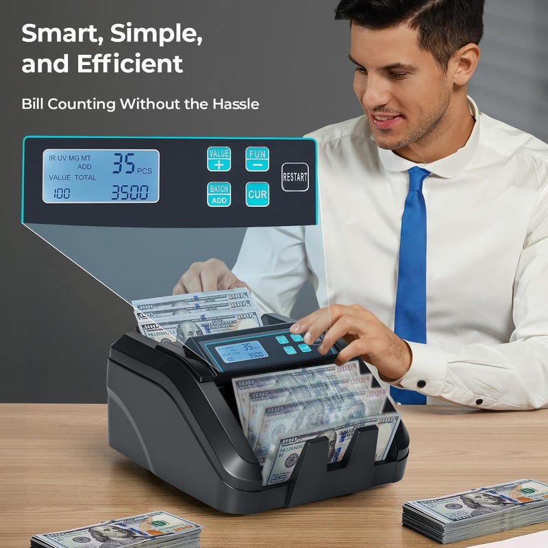 MUNBYN IMC51 Money Counter Machine Count Value, Add+Batch/Add+ Value Mode Bill Counter, UV/MG/IR/MT Detection, USD only Cash Counter,1100 Bills/min, Money Counting Machine with LCD Display (Black) - Image 3